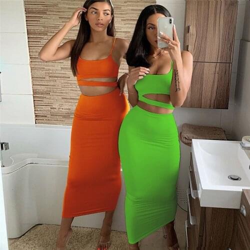 Echoine Summer Strap Sleeveless Crop Tank Top Long Midi Skirt Two Piece Set Party Club Outfits Sexy Matching Set Streetwear