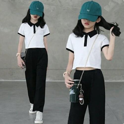 Summer Kids Clothes Girls Short Sleeve T Shirt and Black Wide Leg Pants Teenage Girl Clothing Korean Style Casual Girls Sets