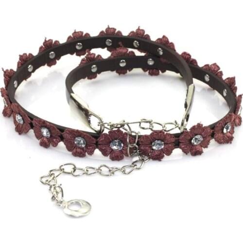 Fashion Women Belt Luxury Flowers Rhinestone Thin Faux Leather Inlaid Dress Accessories Waist Belt Waistband