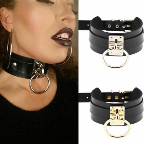 Gold New Fashion riband choker Punk Gothic Wide PU Leather queen O Ring Torques Women Jewelry Accessories
