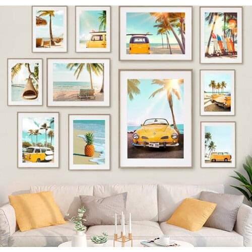 Modern Coconut Tree Girl Yellow Car Art Wall Poster Sun Beach Chair Surfing Canvas Painting Home Room Decoration Cuadros Cuadro