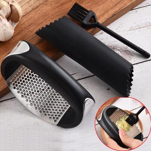Stainless Steel Garlic Press with Handle Rocker Garlic Crusher Squeezer Slicer Mincer Chopper with Silicone Tube Peeler Clean