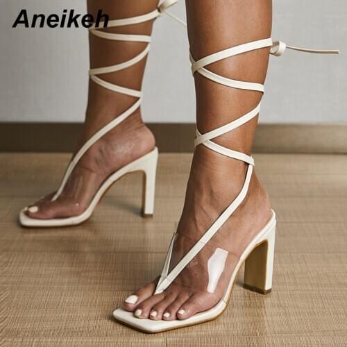 Aneikeh Summer Women Shoes Sandals Gladiator PVC Rome Cross-tied Strange Style Lace-Up Back Strap Dress Square Toe 35~42 White