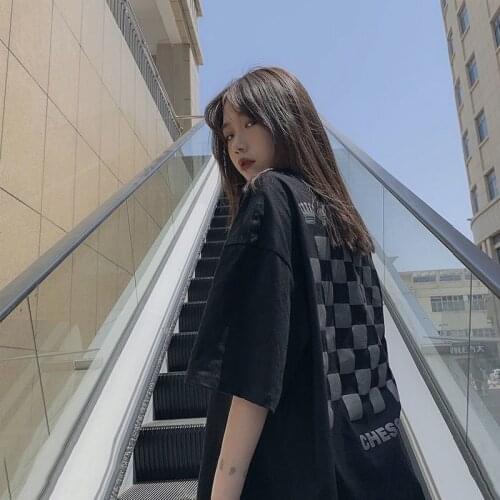 Pure Cotton Street Dark Style Checkerboard Short-Sleeved T-Shirt For Women And Men 2021 Hip-Hop Loose American Couple Tops