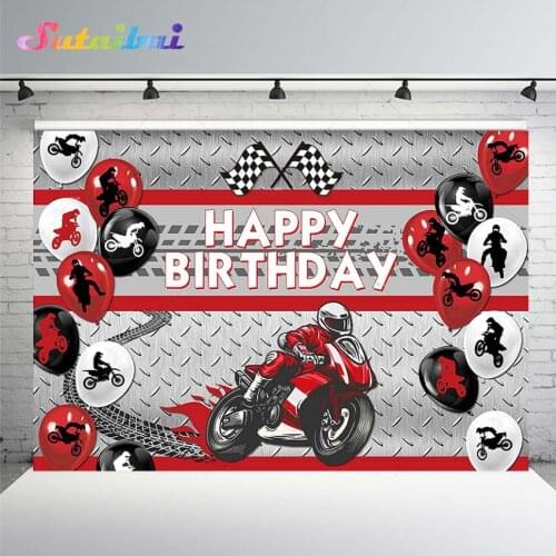 Motorcycle Birthday Party Backdrop Race Black Red Balloons Flag Decoration Boy Dirt Bike Motorcross Photography Background Vinyl
