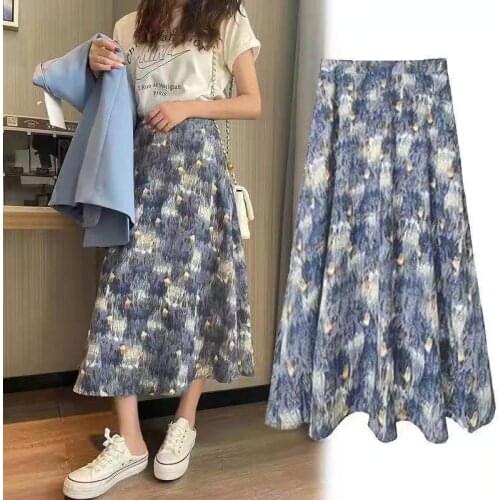 Vintage Oil Painting Style Womens Skirt 2021 Summer Slim Midi Skirts Elastic High-Waisted Skirt Kawaii Harajuku Faldas Largas