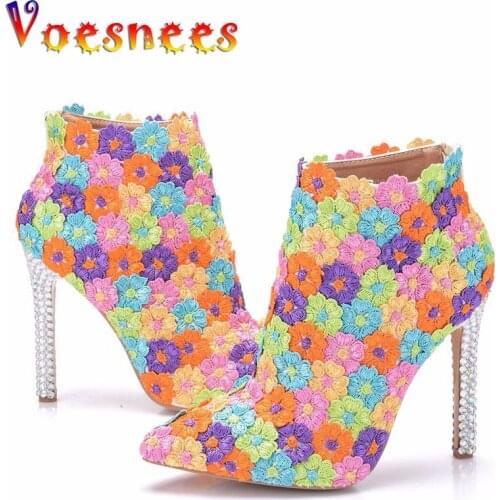 2019 High Quality Wedding Shoes Women Ankle Boots Winter Supper High Thin Heels 11CM Zipper Flower Pearl Pointed Toe Ladies Boot