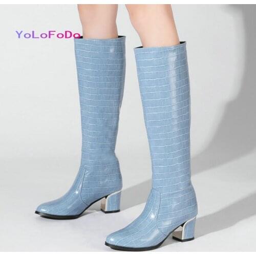 2021 Autumn Winter Women Knee High Boots Stone Print PU Leather Women Square High Heel Boots Fashion Round Toe Slip on Shoes
