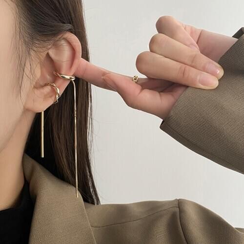 AENSOA INS Simple Double Line Tassel No Piercing Ear Cuff Earring Accessories Punk Gold Color Jewelry Clip Earrings for Women