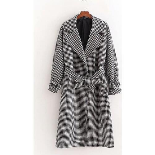 Evfer Women Winter Fashion Houndstooth Black Za Long Woolen Jackets With Belt Female Casual Long Sleeve Thick Coats Oversize