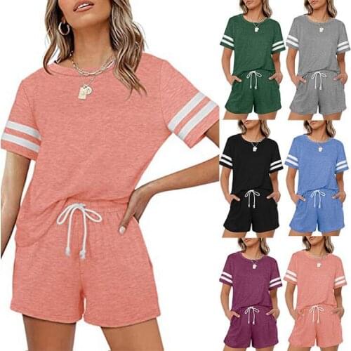 2021 spring and summer new womens short-sleeved striped T-shirt pocket shorts casual two-piece suit