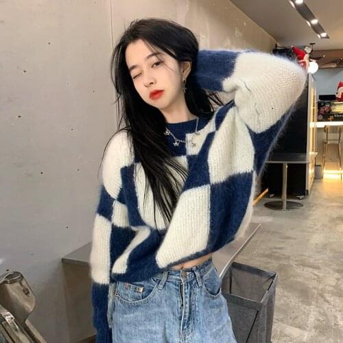 New Fall Fashion Women Thick Warm Sweater O Neck Retro Plaid Soft Mohair Knit Pullover Top Color Contrast Loose Short Knitwear