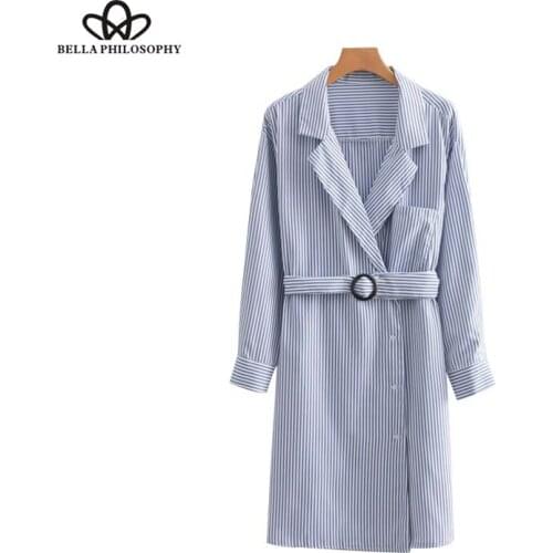 Bella Philosophy women striped loose mini dress sashes pocket long sleeve pleated ladies streetwear chic dresses vestidos