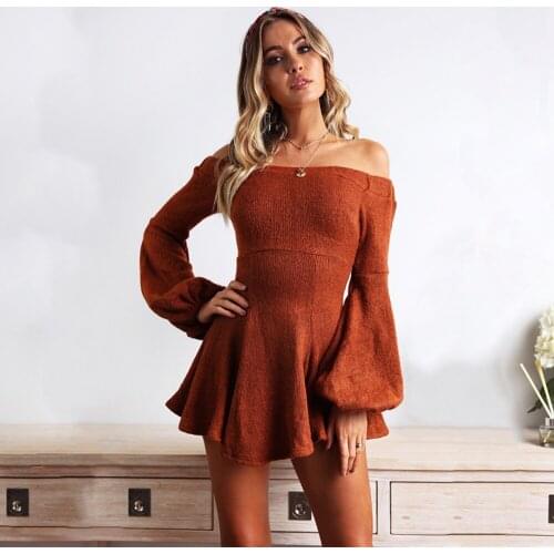 Women Dress Sexy Slash Neck Puff Sleeve Autumn Winter Dresses Casual Elastic Waist Sweater Dress Long Sleeve Knitted Dress