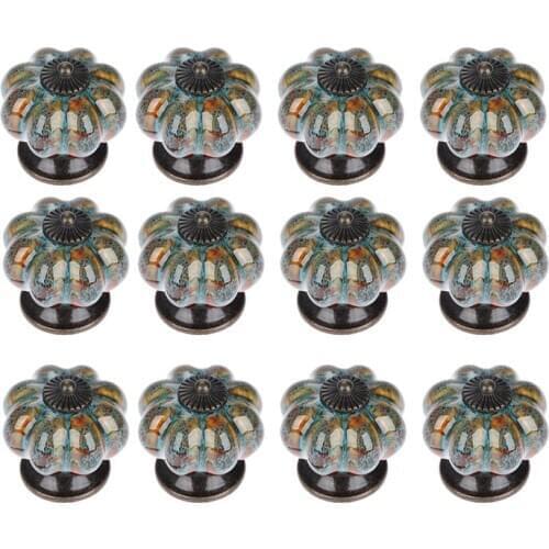 12Pcs Ceramic Door Knob Antique Pumpkin for Cabinets Cupboard Dresser Drawers Kitchen Furniture Handles Pulls (Blue)