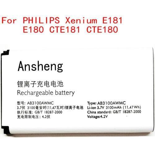 100% NEW Ansheng Original AB3100AWMC 3100mAh battery for Philips Xenium E181 E180 CTE181 CTE180 AB3100AWMT Mobile phone