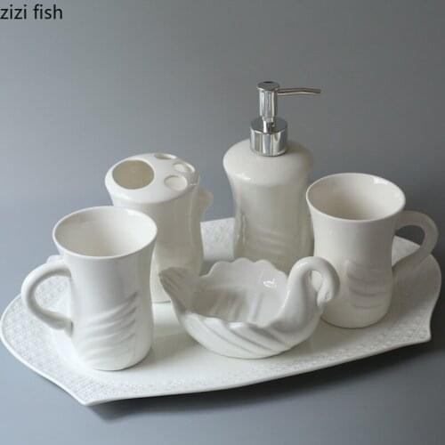 White Ceramic Bathroom 5 Piece Set Storage Tray Bathroom Supplies Wash Set Lotion Bottle Soap Dish Mouth Cup Toothbrush Holder