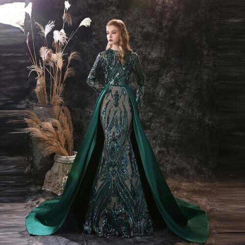 Glitter Muslim Evening Dresses With Over Skirt Long Sleeves Mermaid Dubai Dress Prom Party Pageant Sequins Lace Gowns 2020
