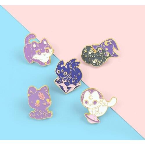 Cartoon Cute Animal Purple Cat Enamel Brooch Planet Pearl Magic Hat Pins Alloy Badge Clothes Accessories Sweet Woman Jewelry