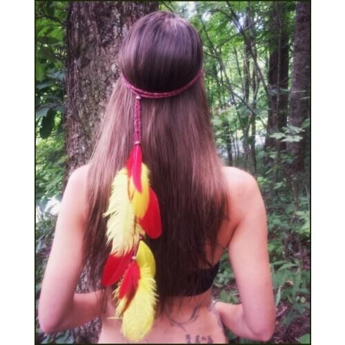 Ethnic Handmade Bohemian Feather Headbands Festival Hippie Headdress red Hair Accessories Knitted Belt Elastic indian Jewelry