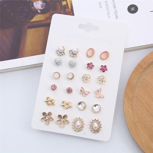HTZZY 2021 New Fashion Earrings for Women Trendy Colourful Crystal Flowers Heart Geometry Stud Earrings Jewelry 12 Pairs Set