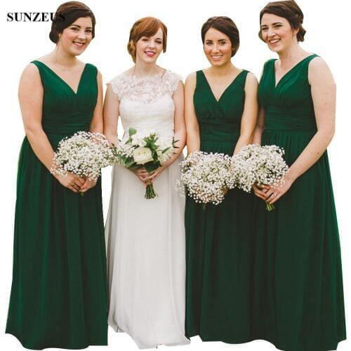 Emerald Green Bridesmaid Dresses Elegant A-line V-neck Long Chiffon Wedding Party Dress Vestidos De Gala BDS016