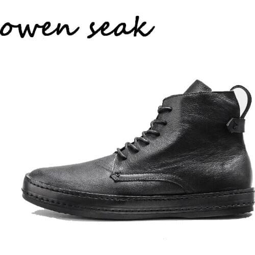 Owen Seak Men Shoes High-TOP Ankle Luxury Trainers Genuine Leather Lace Up Winter Men Boots Casual Brand Flats Black Sneaker