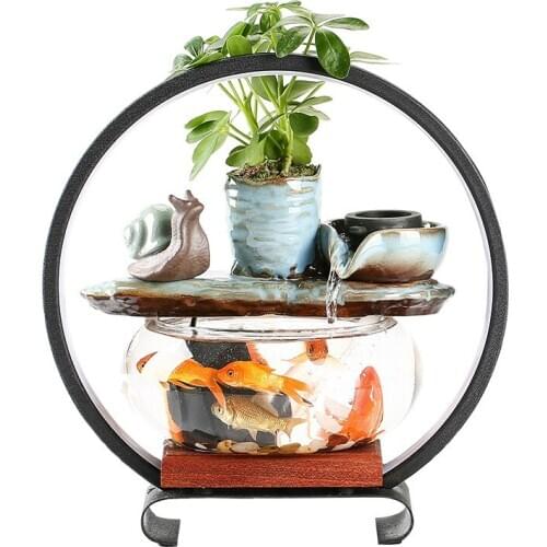 Small Transparent Glass Water Goldfish Bowl Home Hallway Desktop Home Living Room Creative with Light Mini Aquarium