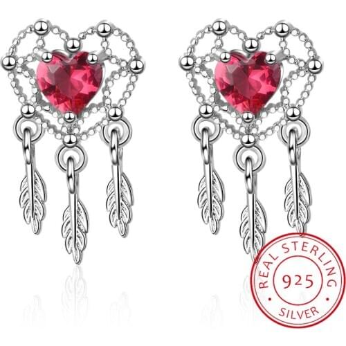 Sweet Red Love Heart 925 Sterling Silver Dream Catcher Earrings For Women Christmas Gift S-E670