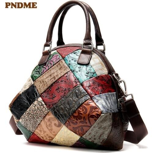 Fashion vintage genuine leather ladies stitching handbag casual natural real cowhide designer womens shoulder messenger bag