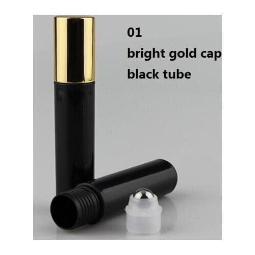 50pcs 10ML plastic roll on Bottle/steel bead ball Sample Perfume Vial,Small Essential Oil bottle Lip oil metal cap black tube