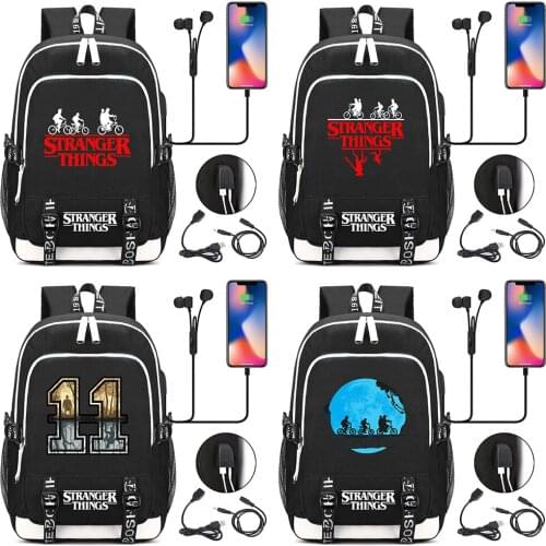 Cute Stranger Things Printed USB Headphone Jack Boy Girl Kids School Bag Women Bagpack Canvas Men Backpack Packsack Bookbag