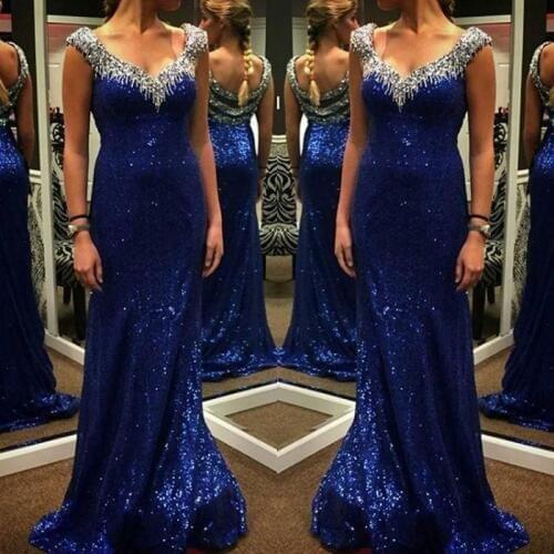 Sexy V Neck Crystal Beaded Backless Sequined Mermaid Prom Gown for Wedding Party Vestidos De Noche Custom Made