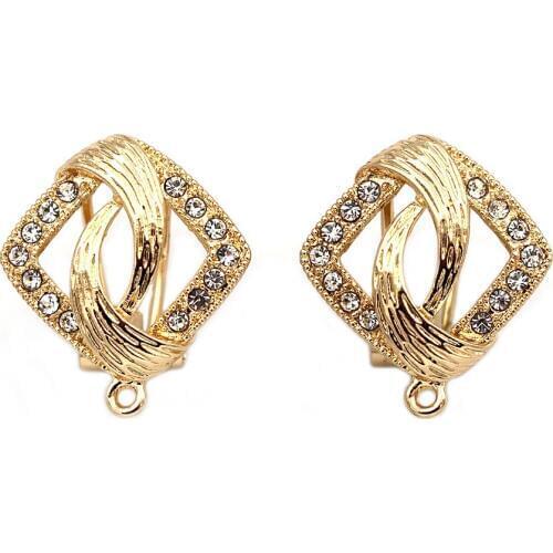 Earrings Post with Loop Hanger Sqaure Hollow Filigree Paved Rhinestone CZ Metal DIY Pearls Clip Stud Earrings Findings 20x23mm