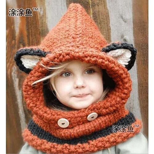 2016 Baby Hats & Caps Cat Ear / Fox Shaped Kids Bomber Hats Beanie Shawl Winter Children Hats Handmade Knitted Baby Accessories