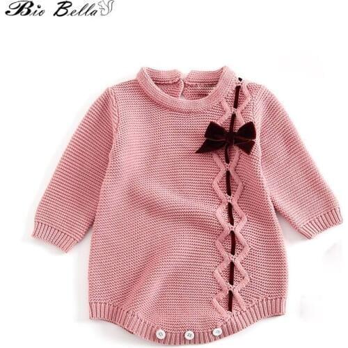 Girls Knitted Bodysuit Newbron Baby Girls Butterfly Bowtie Decor Cotton Long Sleeve Jumpsuit Spring Autumn Infantil Clothes