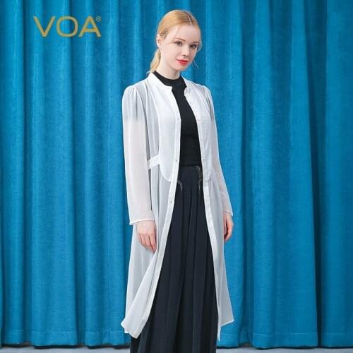 VOA Silk Georgette Round Collar Long Sleeve Micro-penetration Strap Waist Single-breasted Breathable Trench Coat for Women FE125