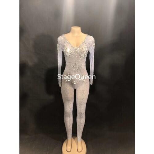 Women Sexy Stage Net Yarn Jumpsuit Big Glass Sparkling Crystals Bodysuit Nightclub Party Stage Wear Dancer Singer Bling Jumpsuit