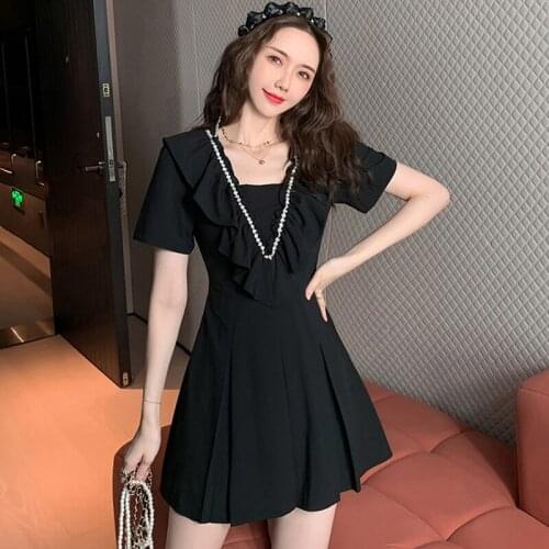 Fashion Korean Vintage Sexy Short Sleeve V-Neck Mini Party Dress Ladies Elegant Streetwear Casual Folds Pearl Ruffle Beach Dress