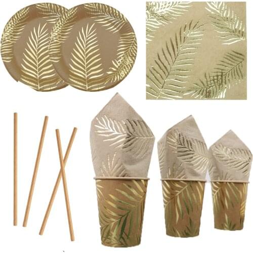 Gold Disposable Tableware Party Kraft paper Straws Plate Cup Tropical Palm Tree Leaves Christmas Birthday Wedding Decor Supplies