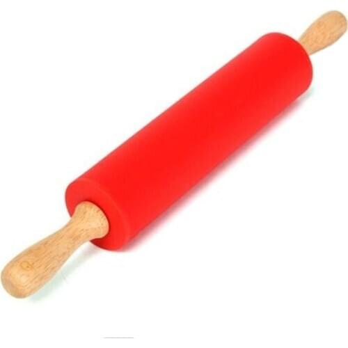 1PC 12" Kitchen Wooden Flour Pastry Dough Handle Roller Silicone Rolling Pin Stick