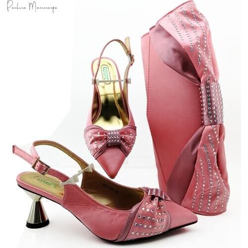 2020 New Coming Comfortable Heels Shoes And Bag To Match Set Nigerian High Heels Party Shoes And Bag Set in Pink Color for Party