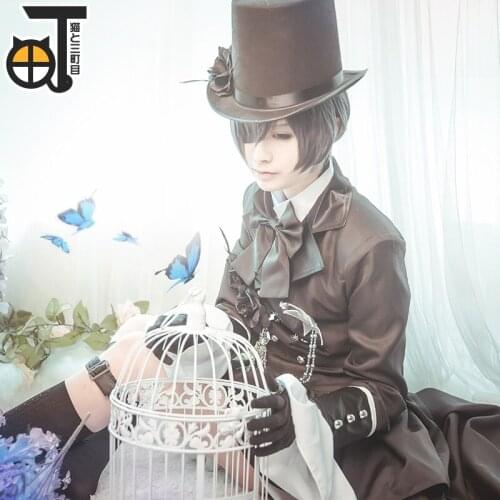 Stock Anime Black Butler Ciel Phantomhive Cosplay Costume New style Black Suit with hat wig Outfits Halloween costume for men