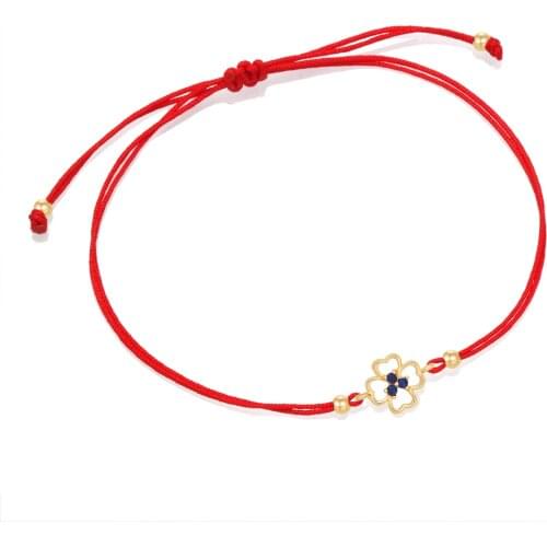 Blue Cubic Zirconia Stones Cute Copper Four Leaf Clover Charm Red String Adjustable Bracelet Women Protect Health Luck Jewelry