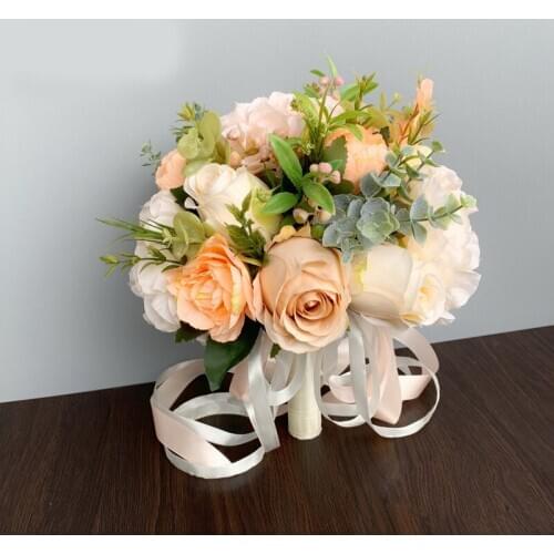 Champagne Rosy Artificial Ribbon Silk Rose Wedding Flowers Bouquet Bridal Bouquet Mariage Bride Bridesmaid bouquet de fleur