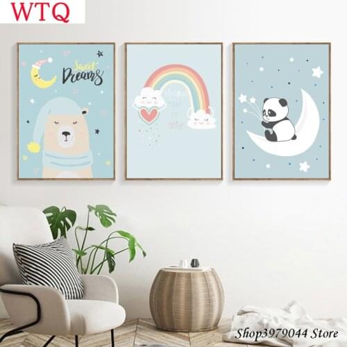 Nursery Wall Art Cartoon Canvas Painting Cute Bear Panda Poster Nordic Rainbow Posters And Prints Baby Room Decoration Pictures