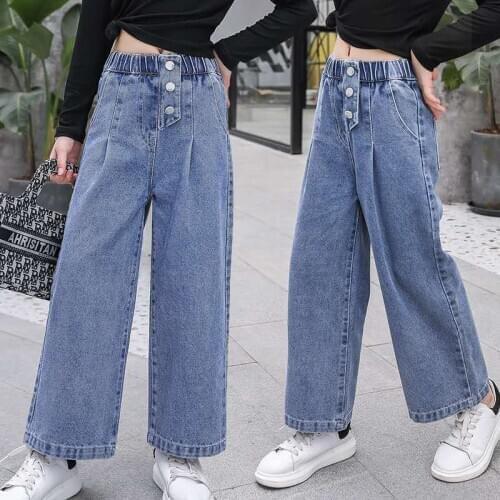Baby Girl Denim Wide-leg Pants Spring Autumn Fashion Straight Leg Pants 4-12 Years Kids Slim All-match Pants