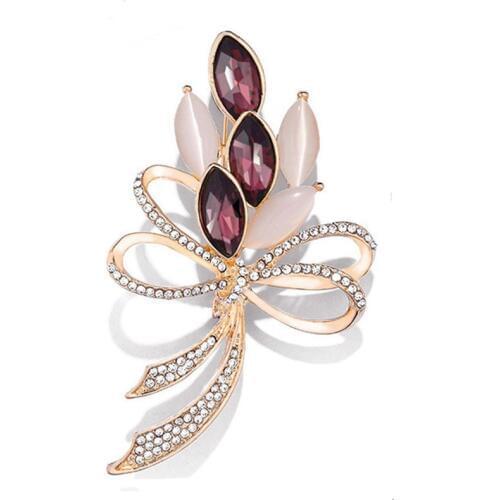 Classic Exquisite Female Golden Bright Opal Shining Crystal Big Bow Brooches Pin For Women Wedding Bouquets