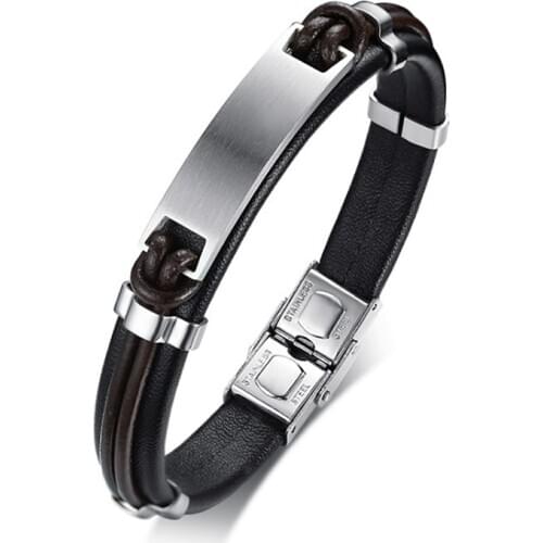 Mens Stainless Steel +Leather Bracelets Bangles Punk Style Fashion Wristband Fathers Day Gifts