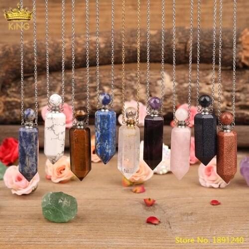 Natural White Turquoises Lapis Stone Point Perfume Bottle Gold Chains Necklace Women Quartz Stones Essential Oil Vials Jewelry